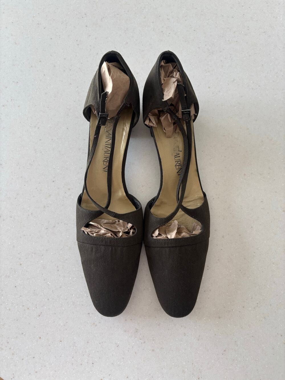 Vintage Yves Saint Laurent YSL Italy Canvas Peep Toe Slingback Heels Brown - Picture 1 of 9